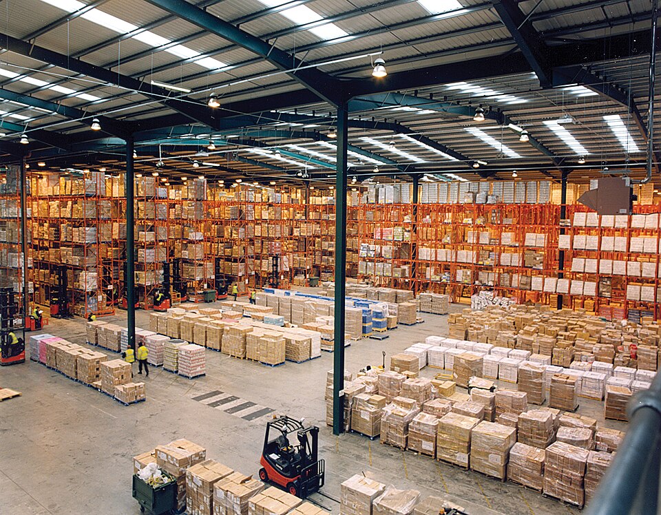 Interior of a warehouse with tall pallet racking